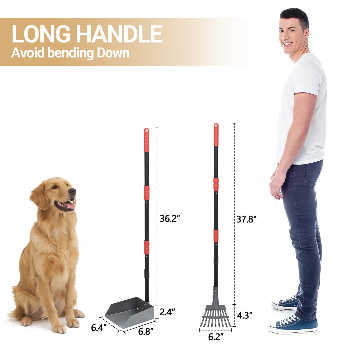 Heeyoo Dog Pooper Scooper, Dog Poop Tray and Rake Set, Pet Waste Removal Scoop with Long Adjustable Sectional Stainless Handles