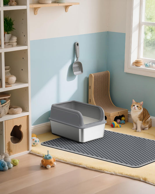 Cat Litter Mat - 23.2'' x 14.6'' Small Litter Trapping Mat, Easy to Clean Litter Box Mat, Waterproof, Urine-Proof, Non-Slip Kitty Litter Mats for Floor, Grey