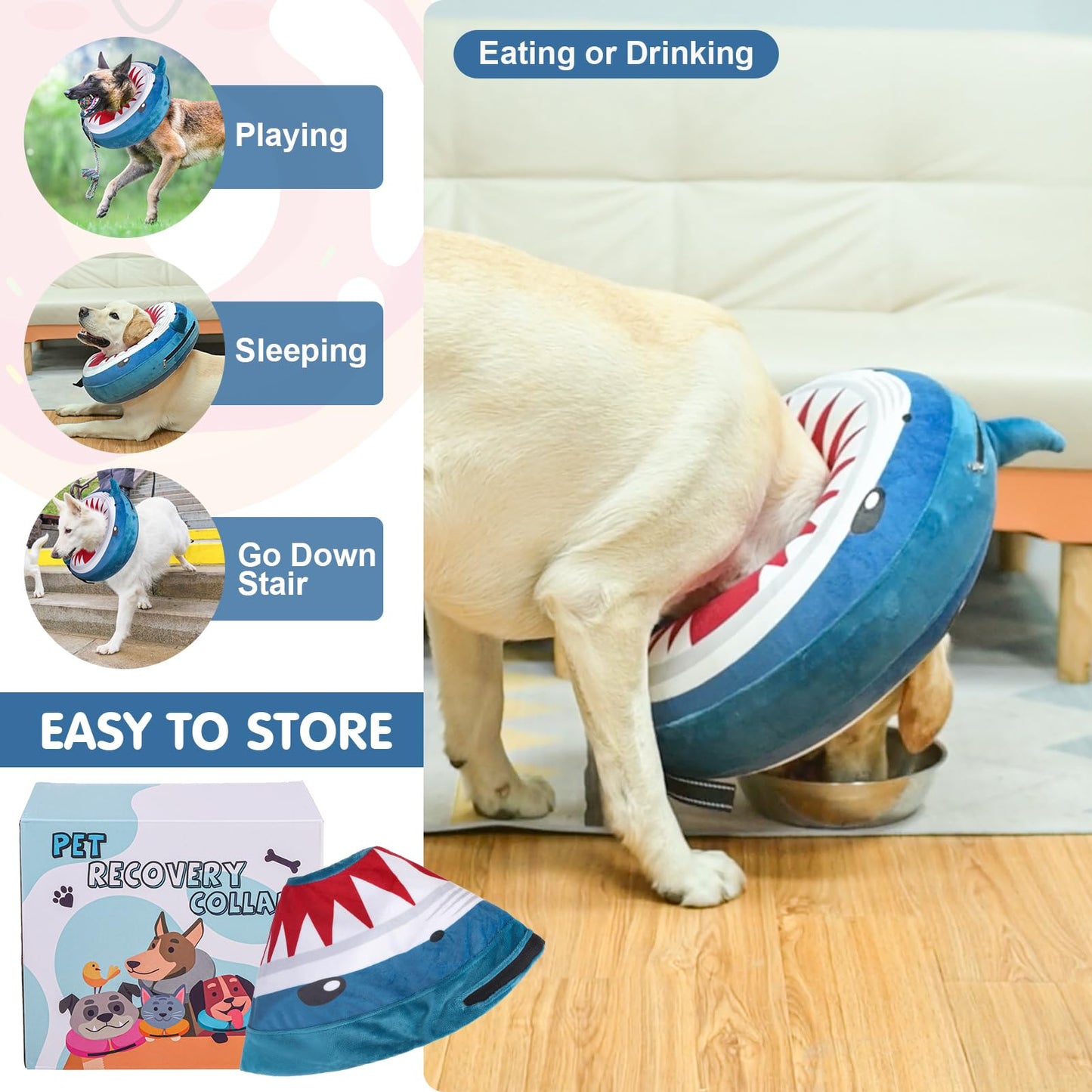 BEAUTYZOO Dog Cone Alternative After Surgery for Large Medium Small Dogs, Soft Inflatable Cone Collar for Dogs Cats, Pet Neck Donut E Collar Dog Recovery Collars to Stop Licking, Shark Blue, L