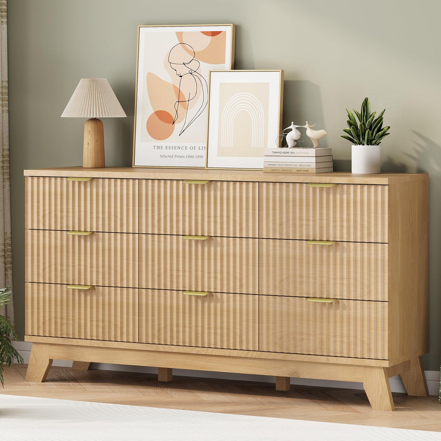 Fluted Dresser for Bedroom with 9 Drawers, 57" Wide Modern Chest of Drawers with Metal Handle, Wooden Dresser TV Stand, Wood Closet Clothes Storage Organizer for Living Room, Hallway, Natural Oak